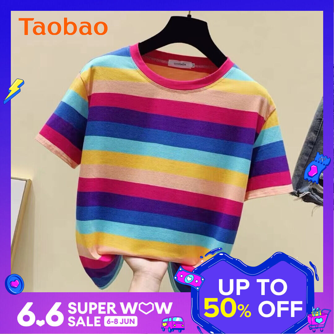 Super Popular Striped Korean Style Loose Round Neck Ins Short Sleeve T-shirt