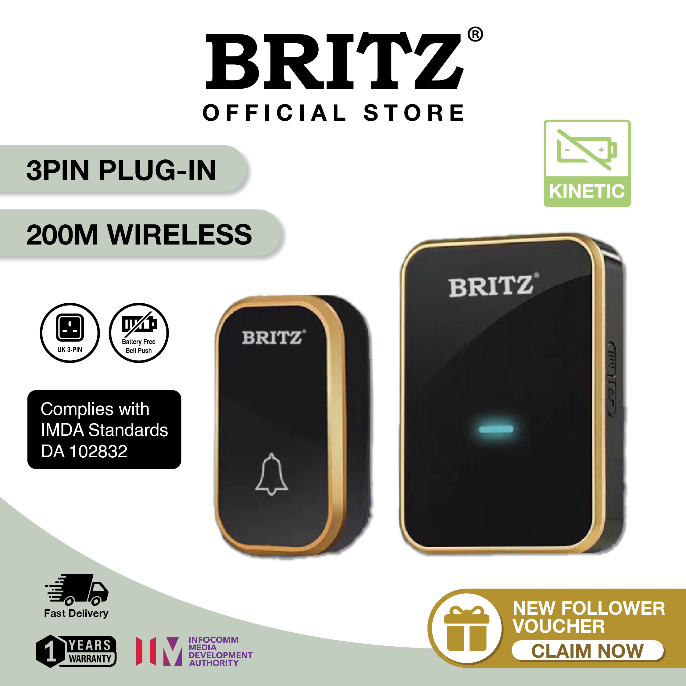 [NO NEED BATTERY] BRITZ Wireless Kinetic Self-Powered Doorbell Door Bell SET [K637AC] [Plug-In] / FREE Adhesive Tape + Screw/ [FAST SHIP OUT 1-2 Working Day]