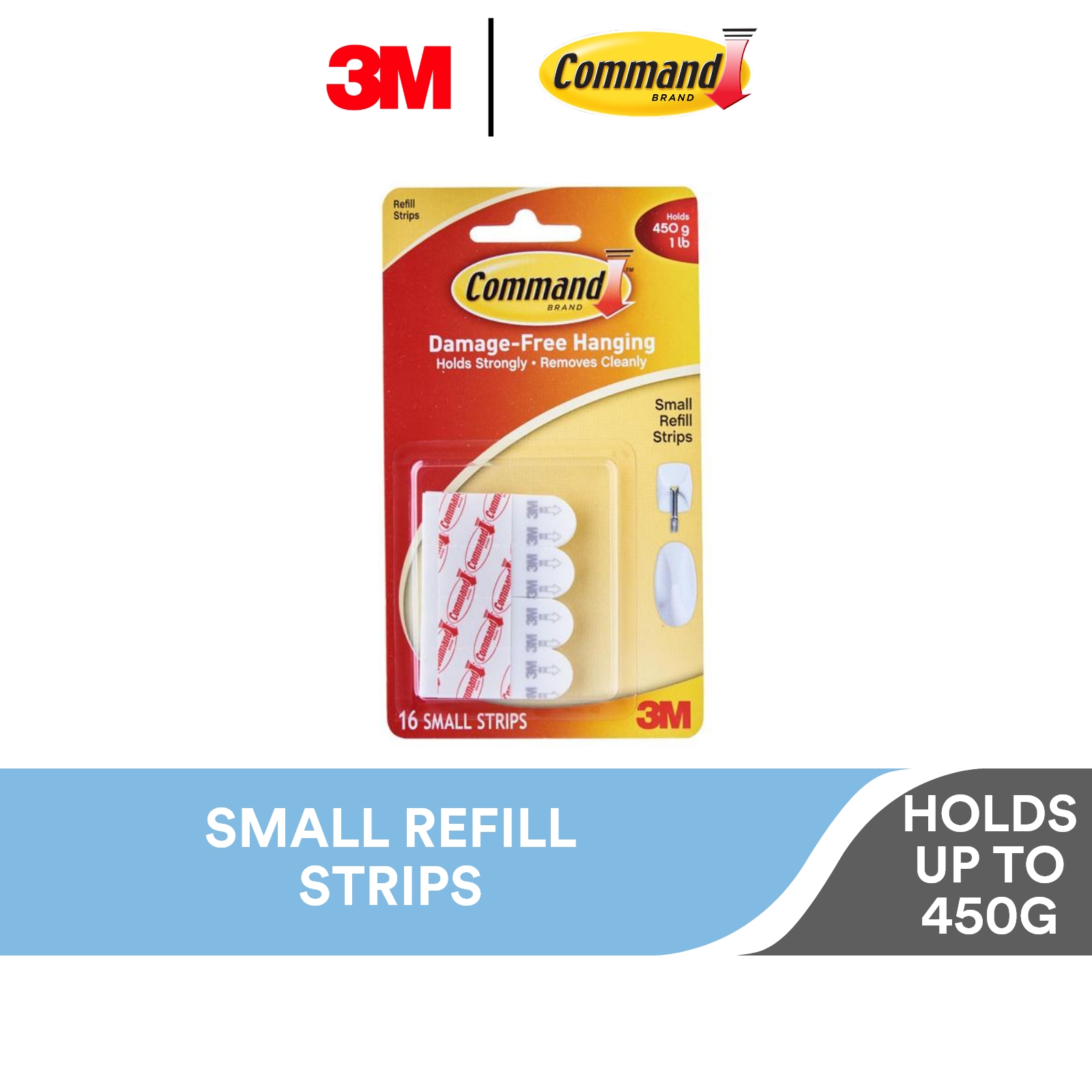 3M Command White Small Refill Strips, 17022P, 16/Pack, Holds Up to 450g, Damage Free, Holds Strongly