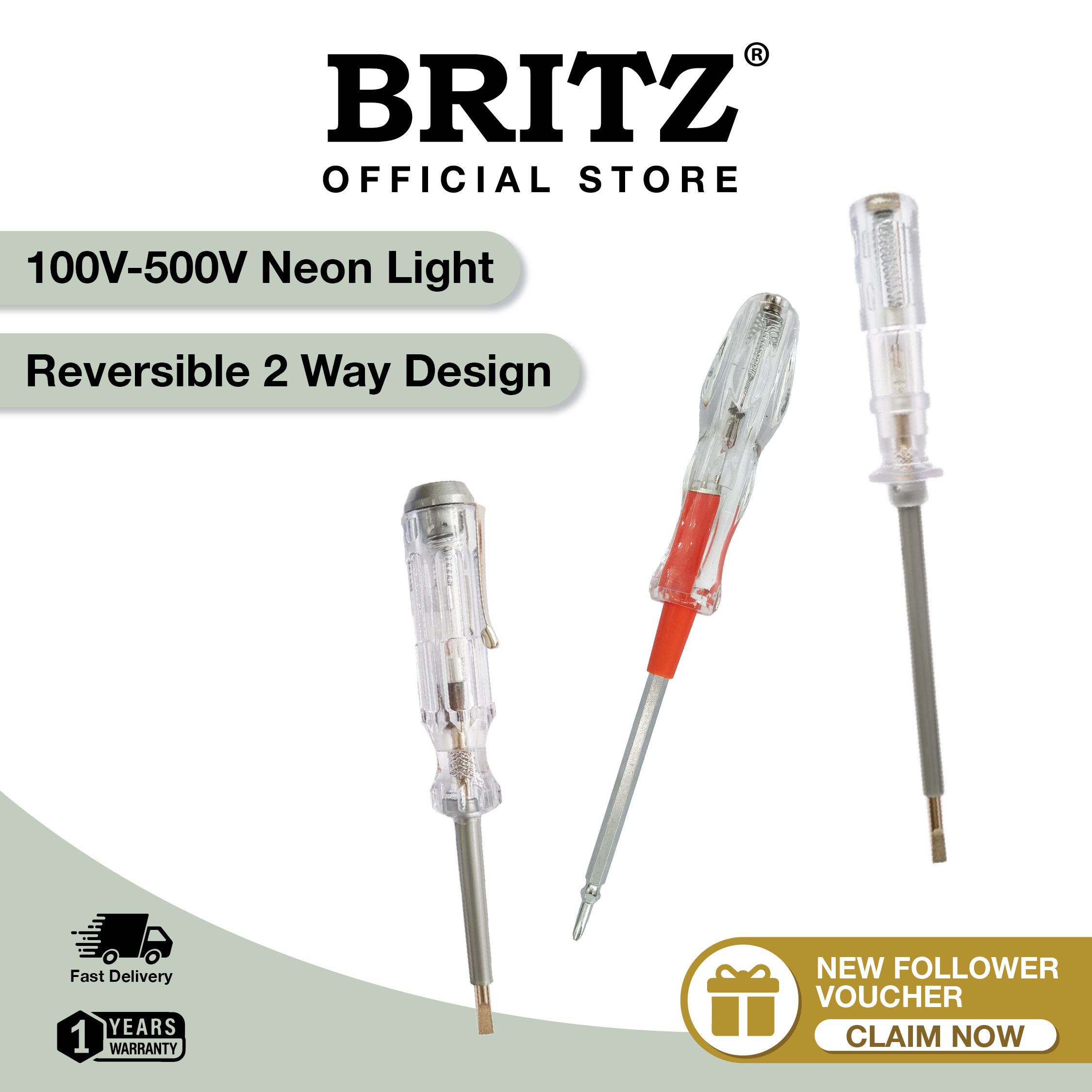 [SG SELLER] BRITZ Voltage Test Pen Reversible Design 4 Sizes 100V-500V With Neon